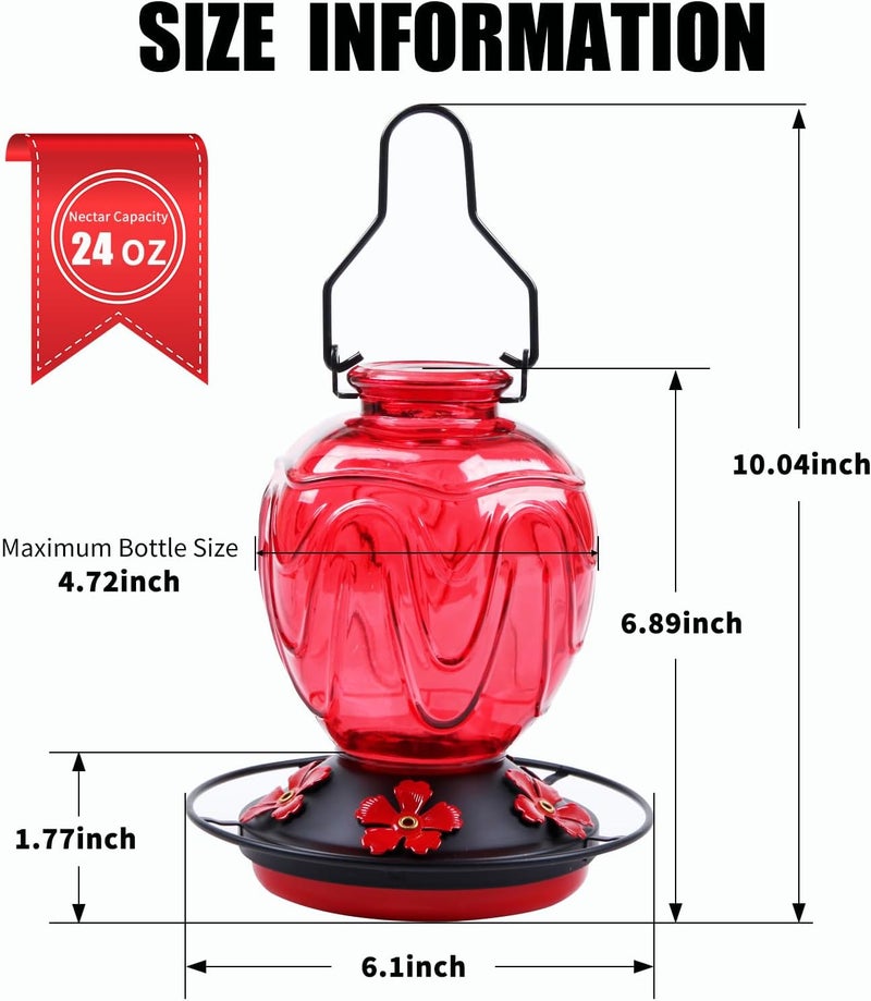 MCHBF Glass Hummingbird Feeder for Outdoors Hanging, 24Ozs Humming Bird Nectar Feeder w/Perch, 5 Flower Feeding Ports, Leak Proof Base and Hook for Outside Garden Backyard Decor, Gifts for Women Mom, Red - Image 4